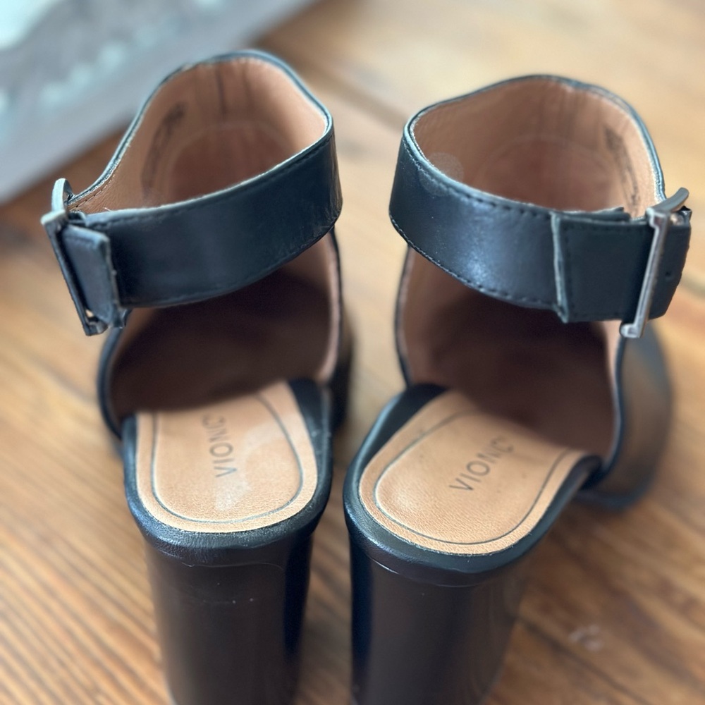 Vionic Size 8.5 Black Leather Ankle Strap Mule 3.5” Heel Rubber Sole